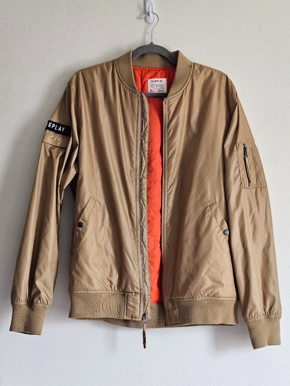 Fairplay Braeden Full Zip Lightweight Bomber Flight Jacket L Tan Beige Orange